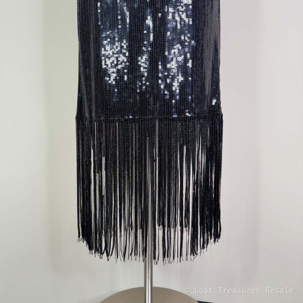 Muse | Black Sequin Fringe Pencil Midi Skirt Party Cocktail Glam Rocker US 4 - Picture 3 of 8